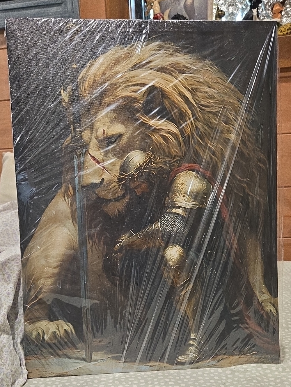 Brave Knight and Lion Canvas Wall Art - Brown and Gold 18"wide 24"in length